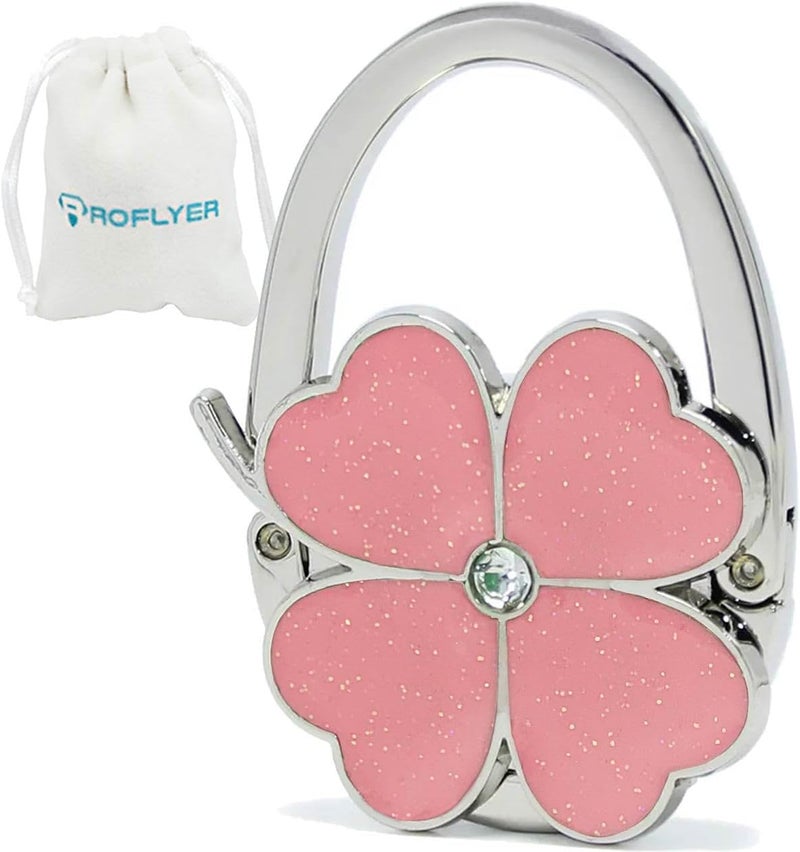 ROFLYER Four Leaf Clover Design Foldable Handbag Hanger Folding Purse Table Hook Holder (Pink) - Image 1